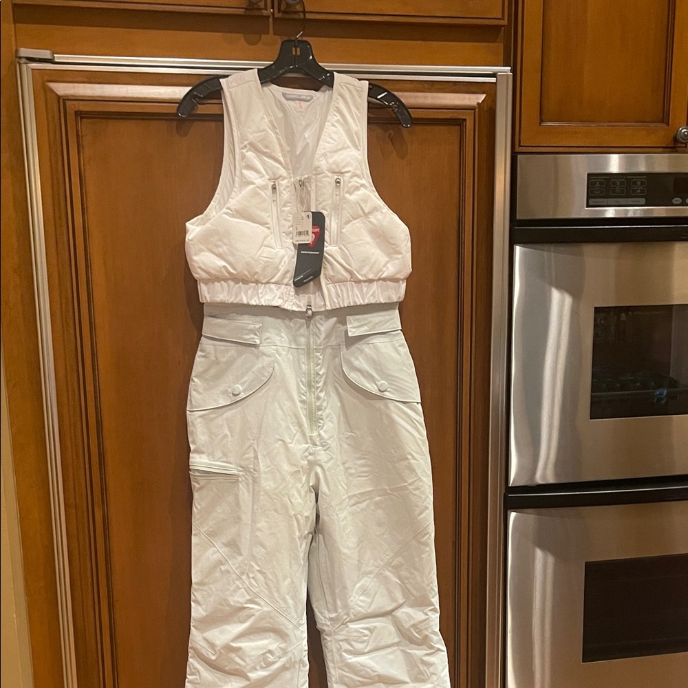 FP Movement by Free People White Cropped Jacket with Light Sage Overalls Ski Bib
